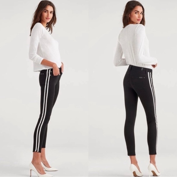7 For All Mankind B air The Ankle Skinny Jeans Black White Leather Stripes 26 - Picture 1 of 14